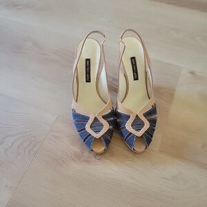 Bruno Magli Blue Denim and Nude Leather Open Toe Slingbacks Sz 37 7 6.5
